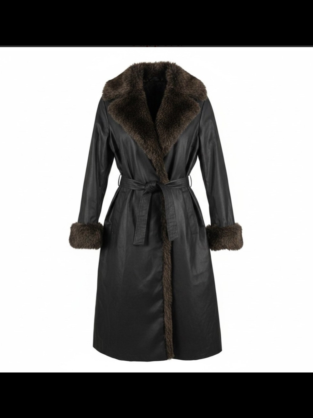 London Fog Black Leather Trench Coat with Brown Fur Trim